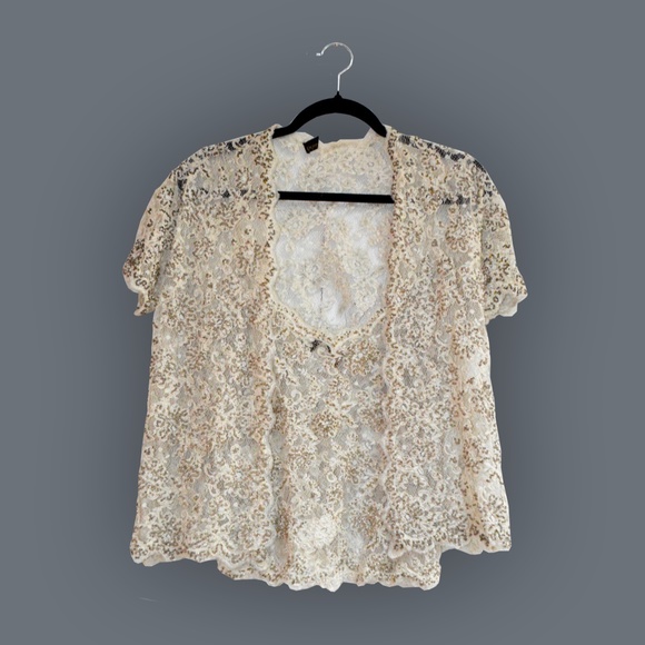 Tops - Beaded Sheer Lace Tank And Short Sleeve Cardigan